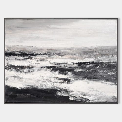 Original hand painted black white coastal abstract oil painting canvas wall art, nordic scandinavian minimalist elegant luxury modern l