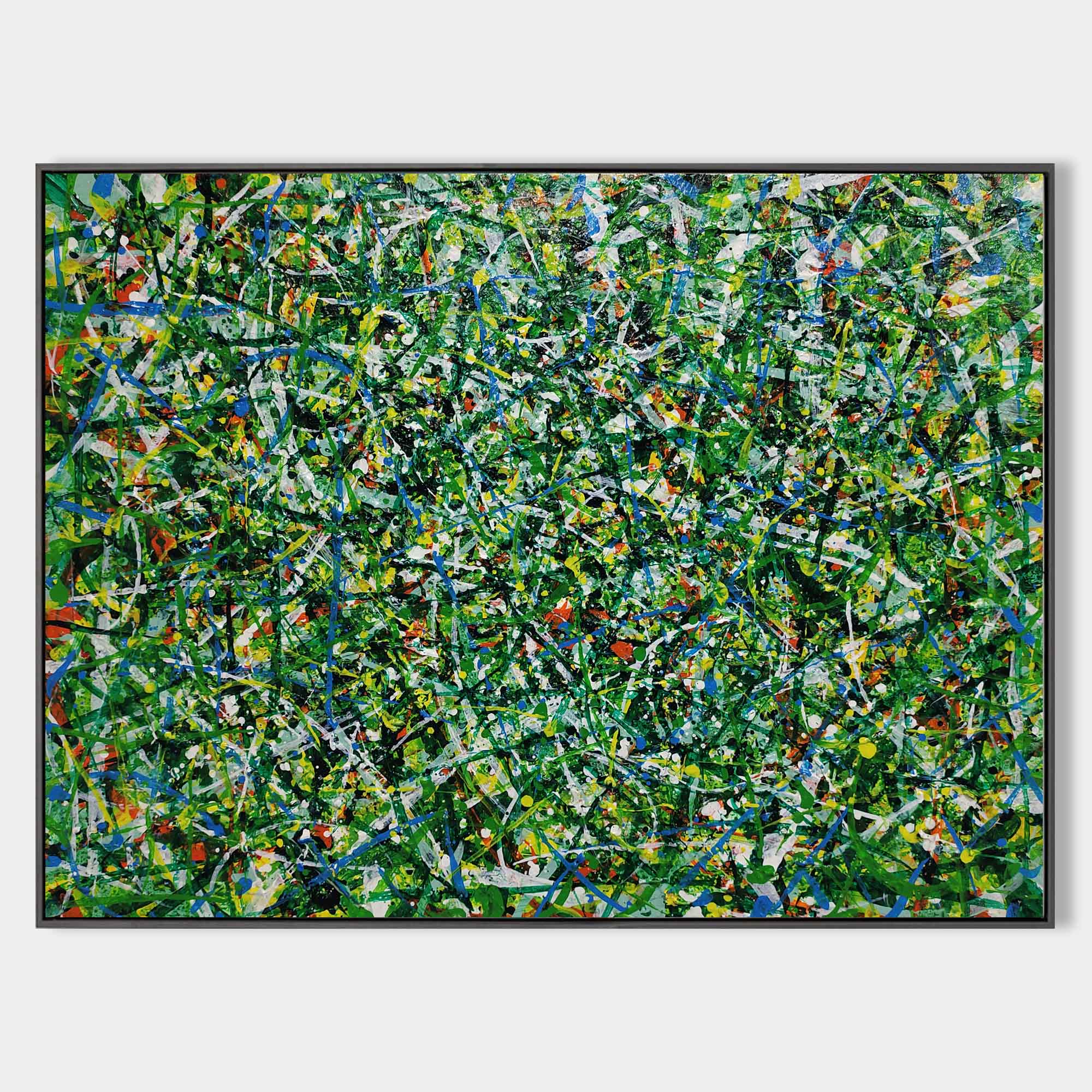 Original hand painted green abstract oil painting canvas wall art, dynamic splatter strokes blue white red, modern elegant luxury home