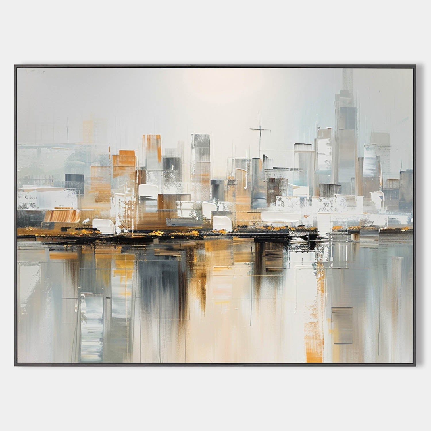 Original hand painted gold grey abstract city skyline oil painting canvas wall art, modern nordic elegant luxury interior design home d