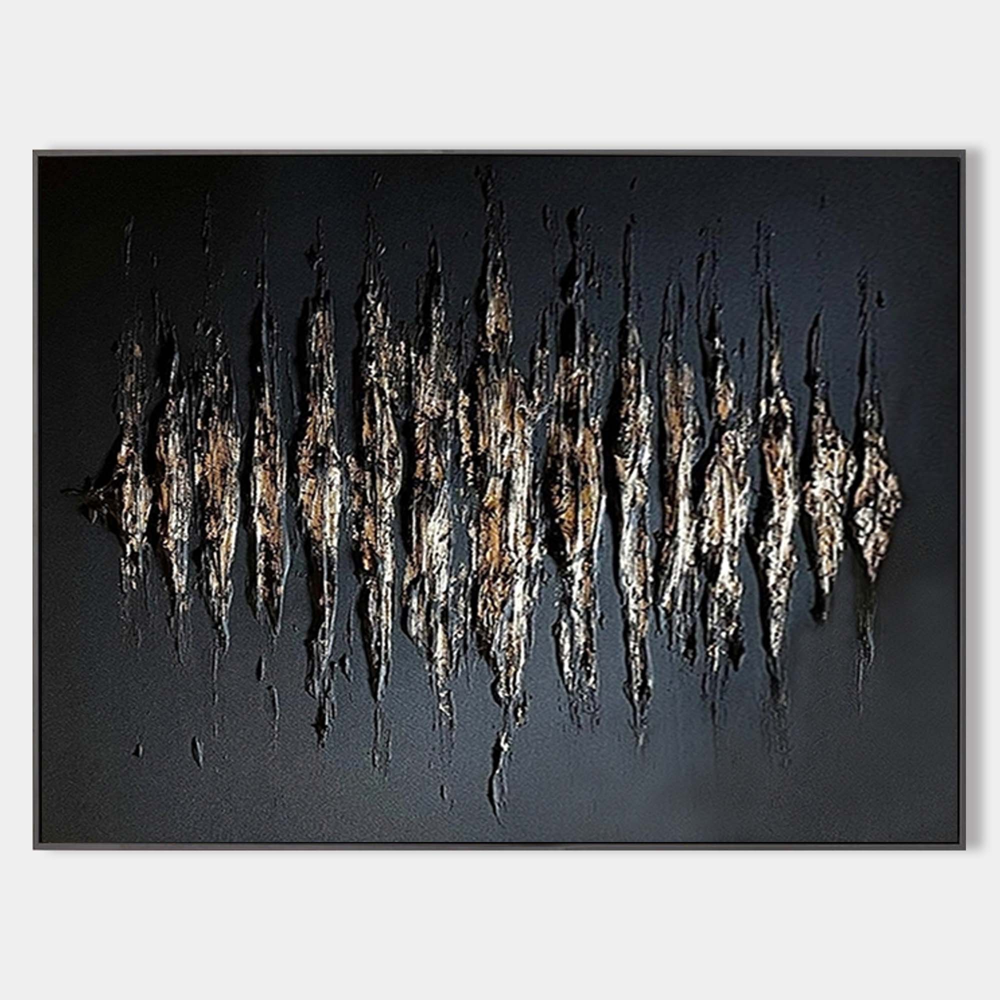 Original hand painted black gold textured abstract oil painting canvas wall art, nordic scandinavian elegant luxury modern living room