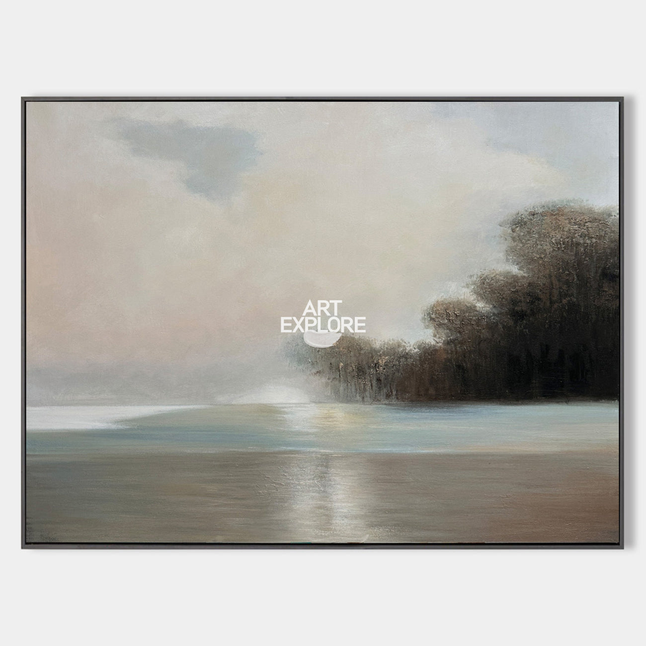 Original hand painted misty taupe grey coastal landscape oil painting canvas wall art, nordic scandinavian minimalist elegant luxury mo
