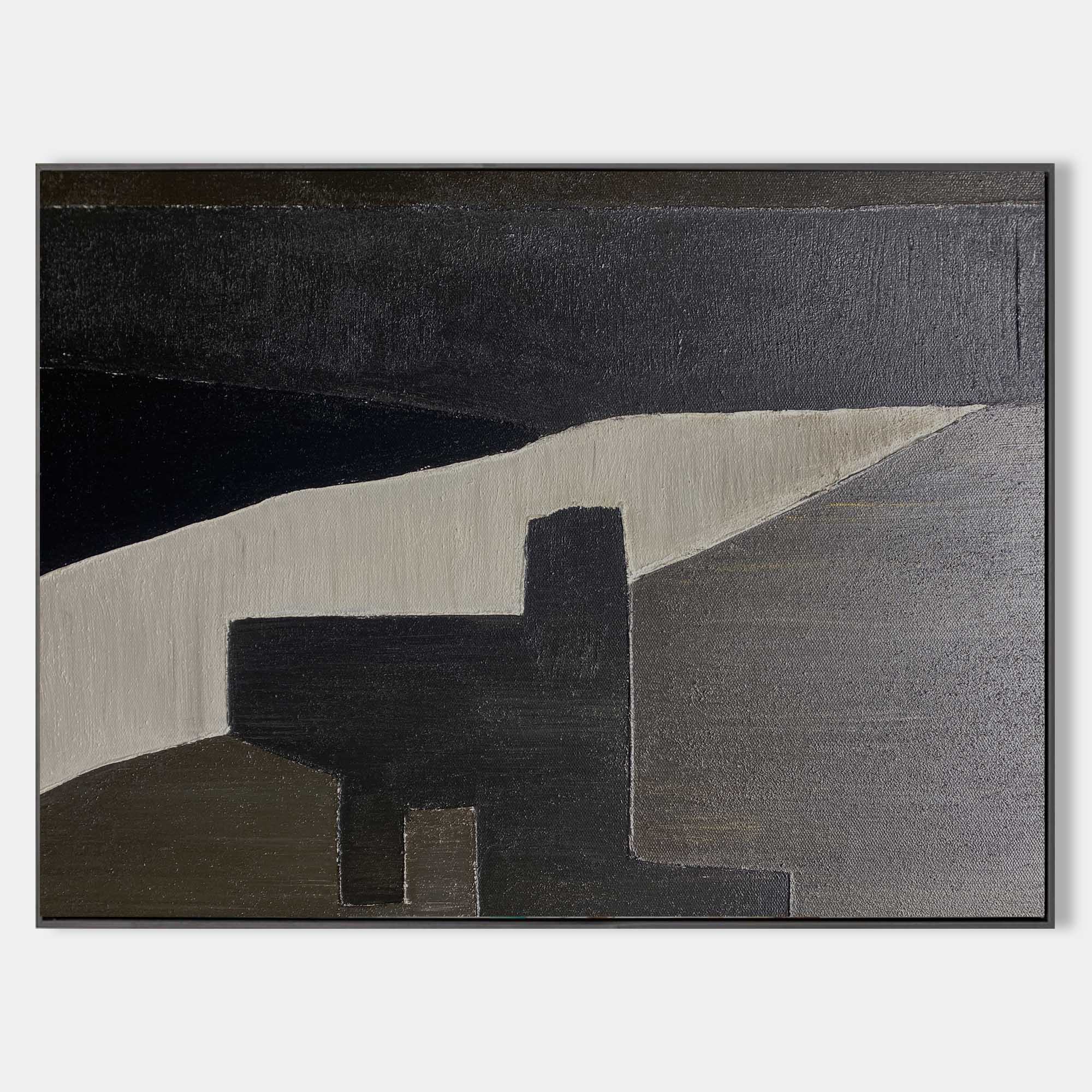 Original hand painted charcoal black geometric architectural oil painting canvas wall art, nordic scandinavian minimalist elegant luxur