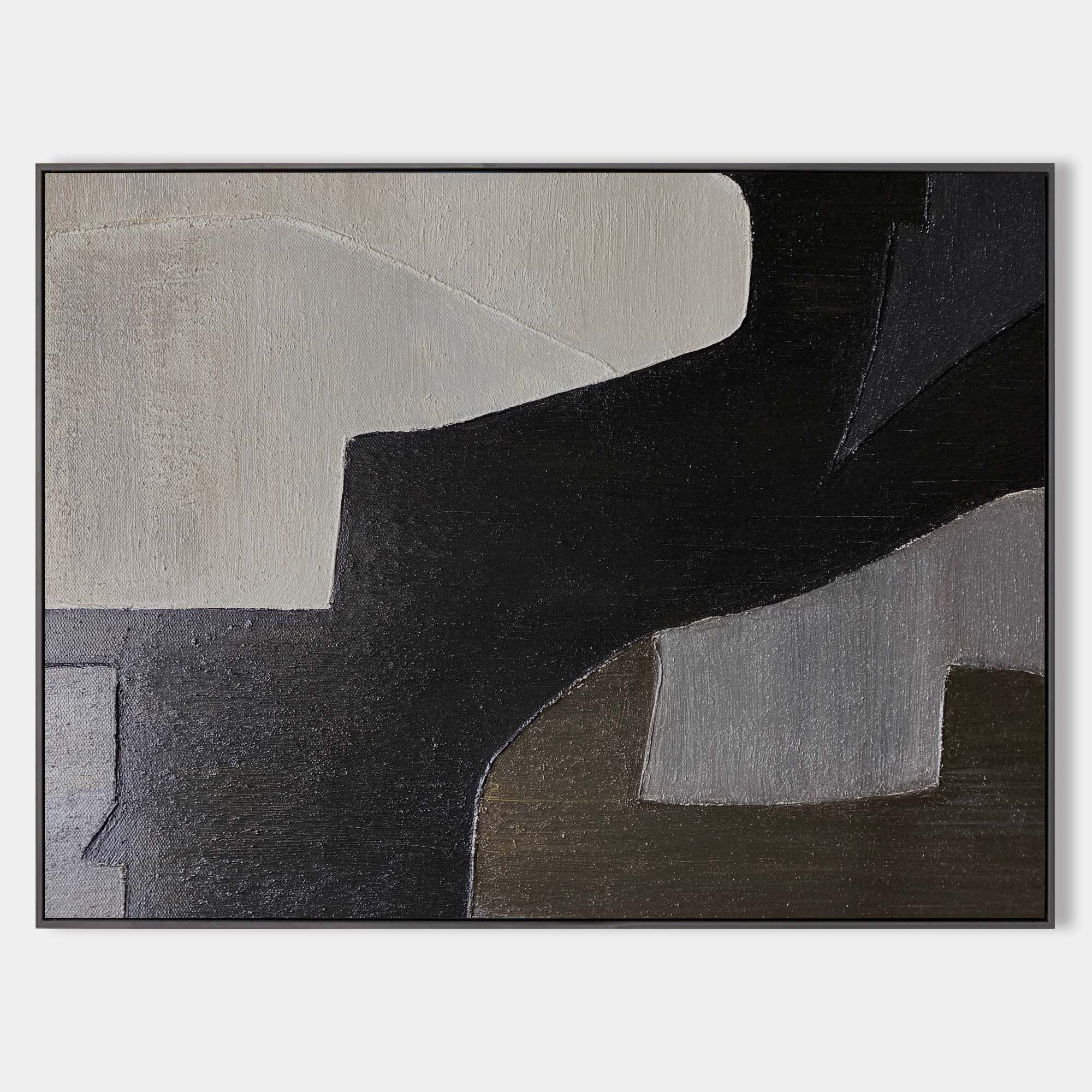 Original hand painted black charcoal ivory bold geometric abstract oil painting canvas wall art, nordic scandinavian elegant luxury mod