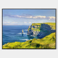 Original hand painted emerald coastal cliffs teal ocean oil painting canvas wall art, elegant luxury modern scandinavian nordic home de