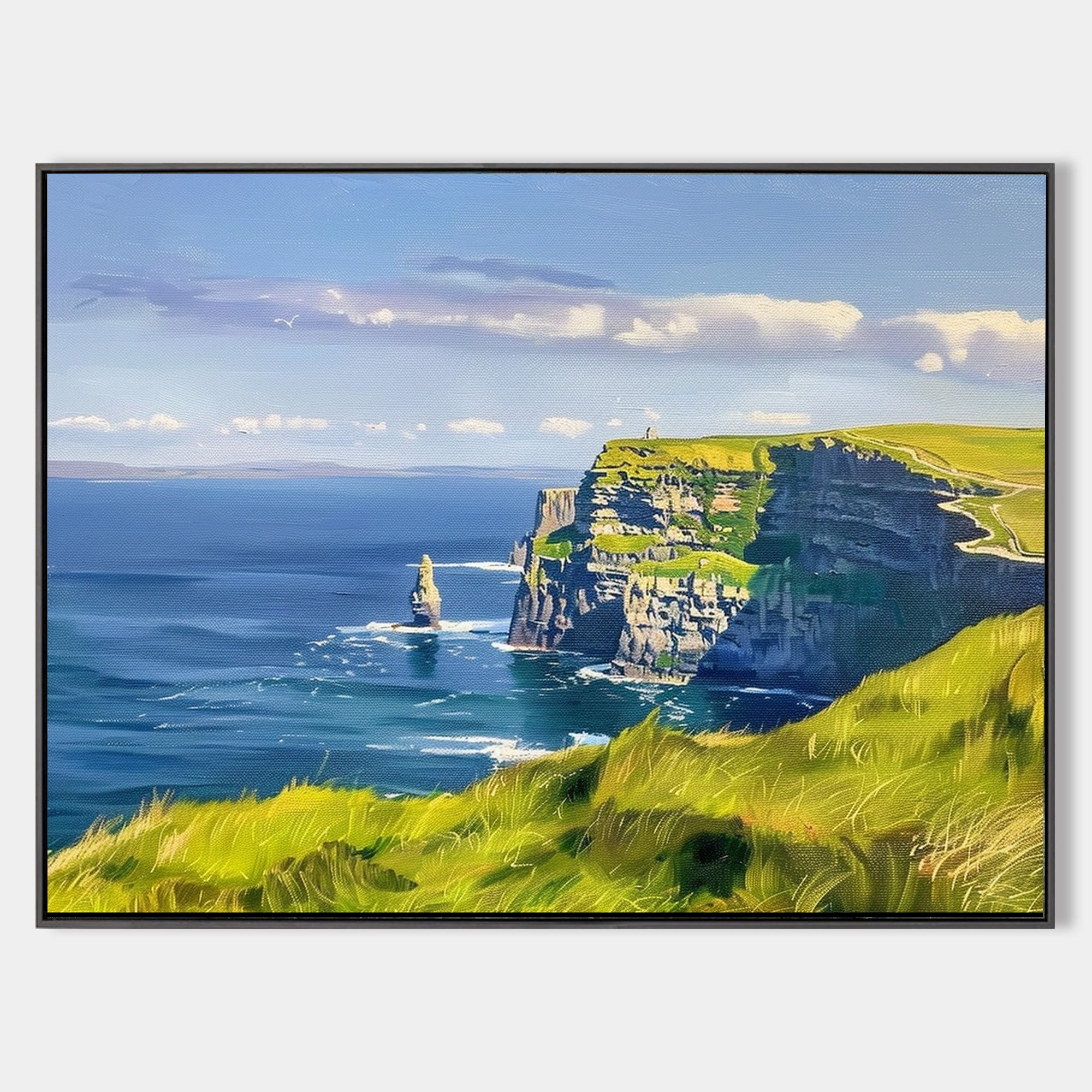 Original hand painted emerald coastal cliffs teal ocean oil painting canvas wall art, elegant luxury modern scandinavian nordic home de