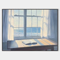 Original hand painted coastal oil painting canvas, sunlit table open book ocean window white curtains blue sea, scandinavian minimalist