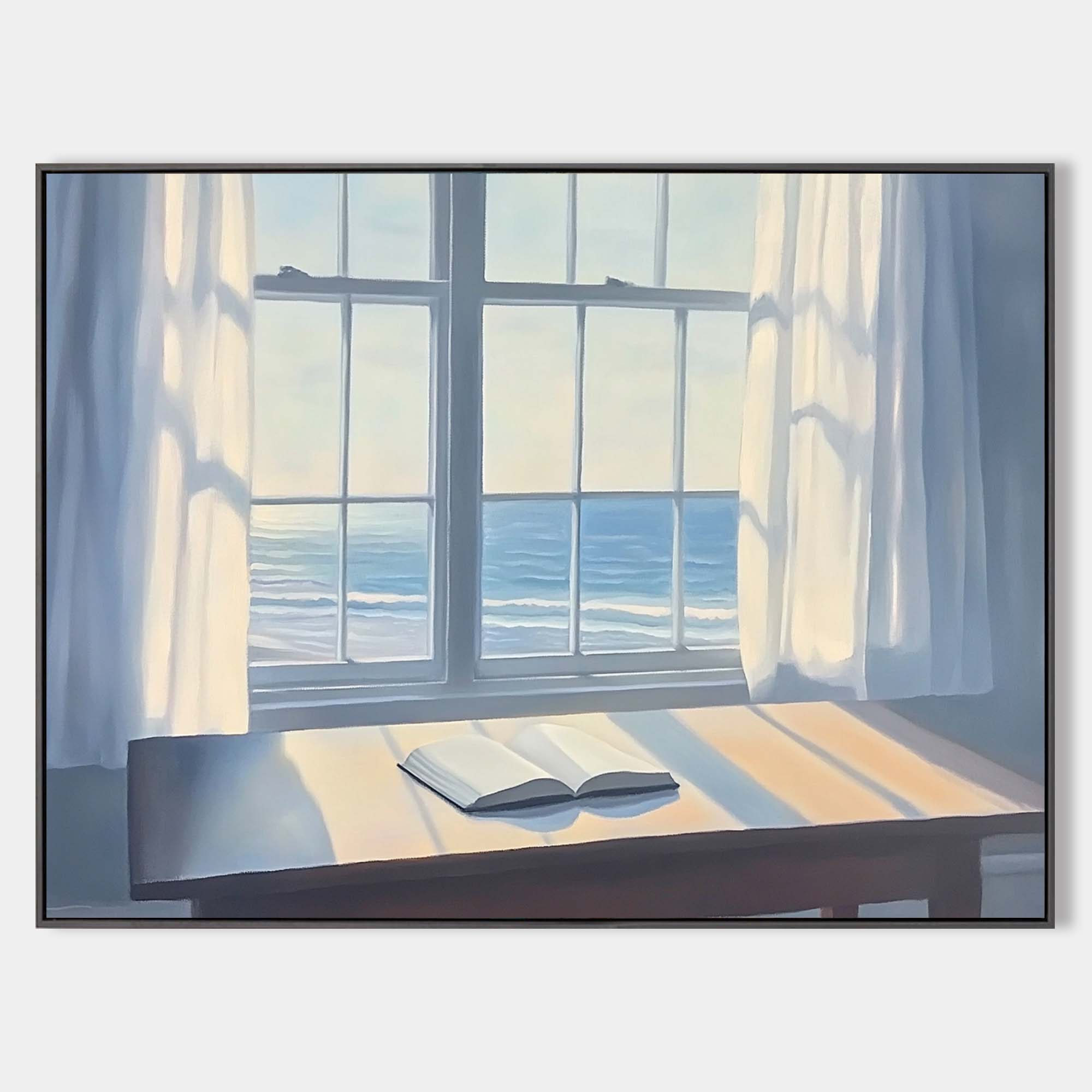 Original hand painted coastal oil painting canvas, sunlit table open book ocean window white curtains blue sea, scandinavian minimalist