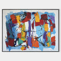 Original hand painted abstract oil painting canvas, crimson red gold purple geometric blocks on blue, elegant modern luxury nordic scan