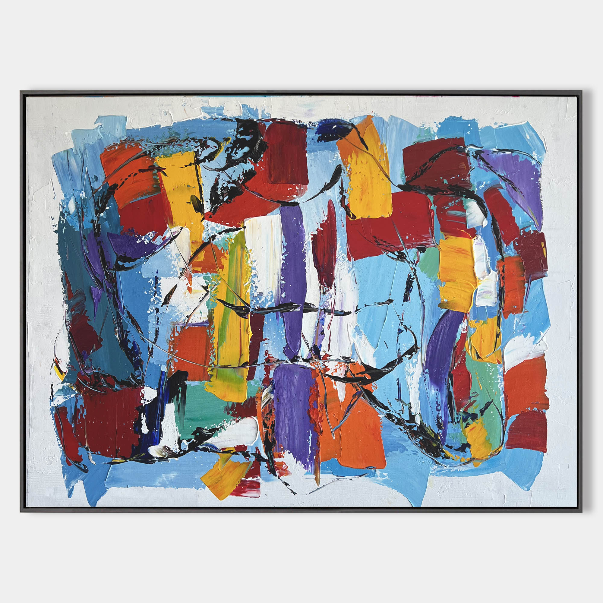 Original hand painted abstract oil painting canvas, crimson red gold purple geometric blocks on blue, elegant modern luxury nordic scan