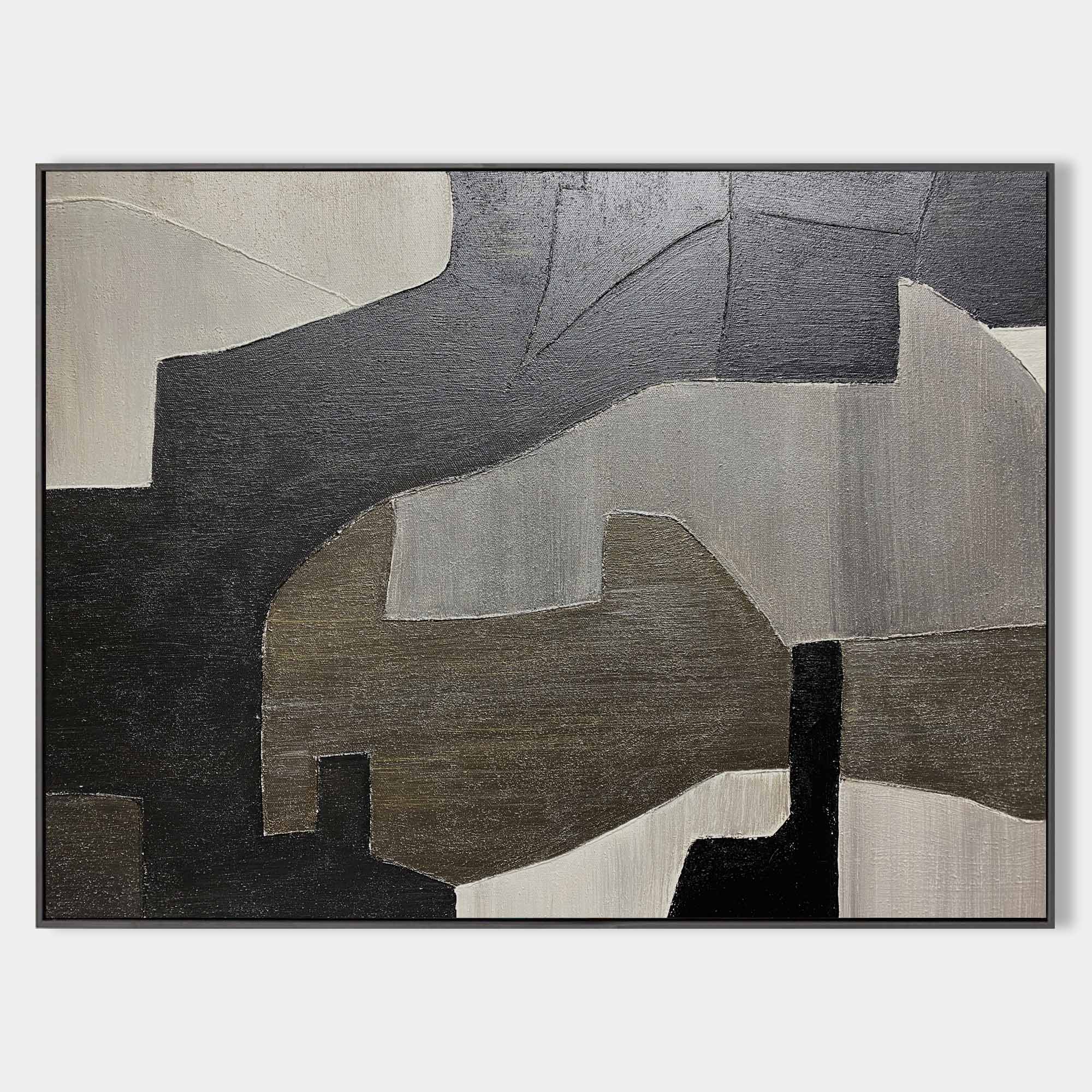 Original hand painted charcoal grey taupe geometric abstract oil painting canvas wall art, nordic scandinavian minimalist elegant luxur