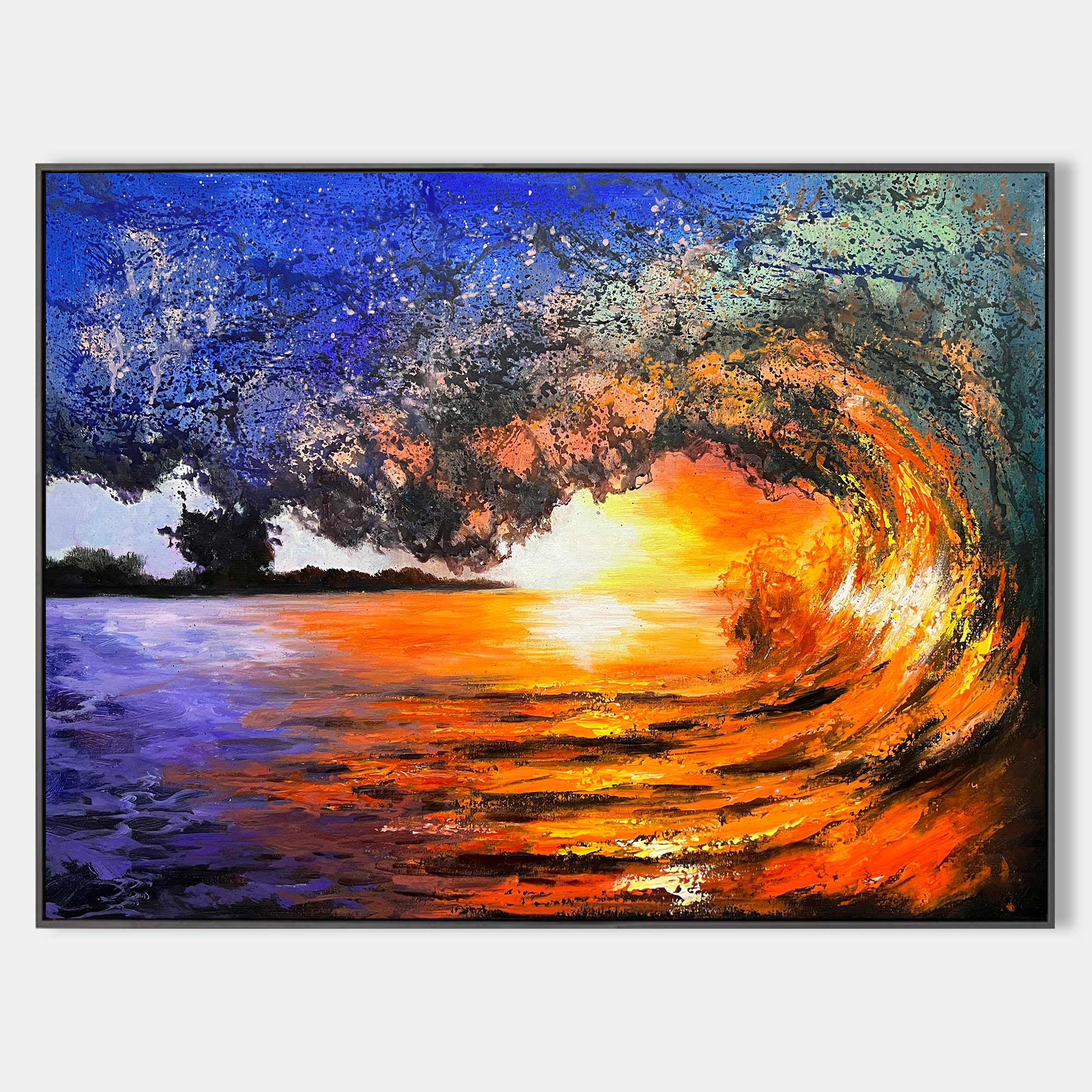 Original hand painted abstract coastal ocean wave oil painting canvas, bold amber orange cobalt blue sunset luxury modern elegant home
