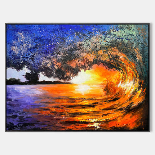 Original hand painted abstract coastal ocean wave oil painting canvas, bold amber orange cobalt blue sunset luxury modern elegant home