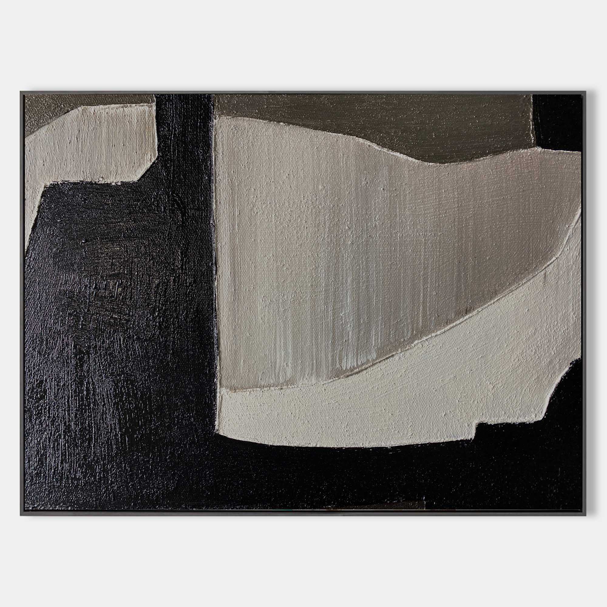 Hand painted black ivory abstract oil painting canvas wall art, curved geometric forms, nordic scandinavian elegant luxury modern inter