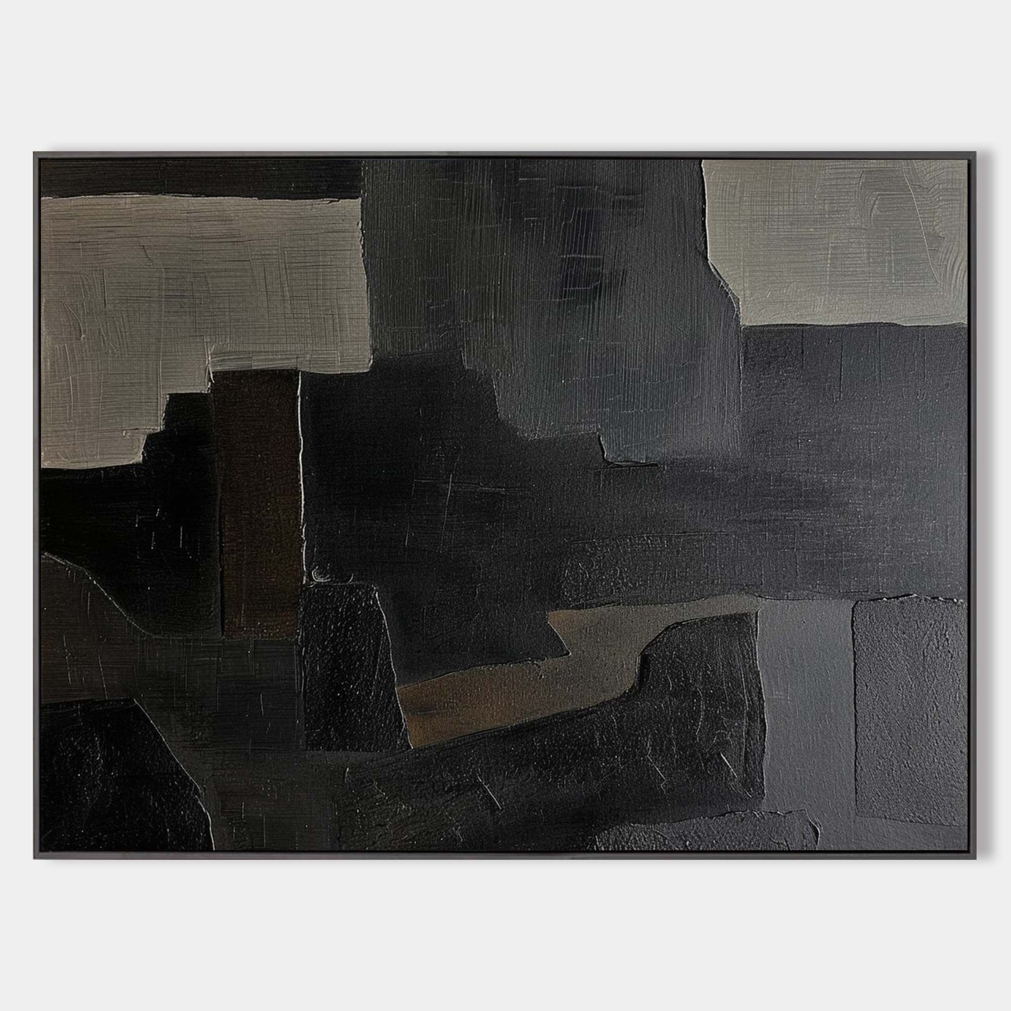 Original hand painted black charcoal grey geometric abstract oil painting canvas wall art, nordic scandinavian minimalist elegant luxur