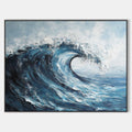Original hand painted deep blue ocean wave oil painting canvas wall art, coastal elegant luxury modern scandinavian living room home de