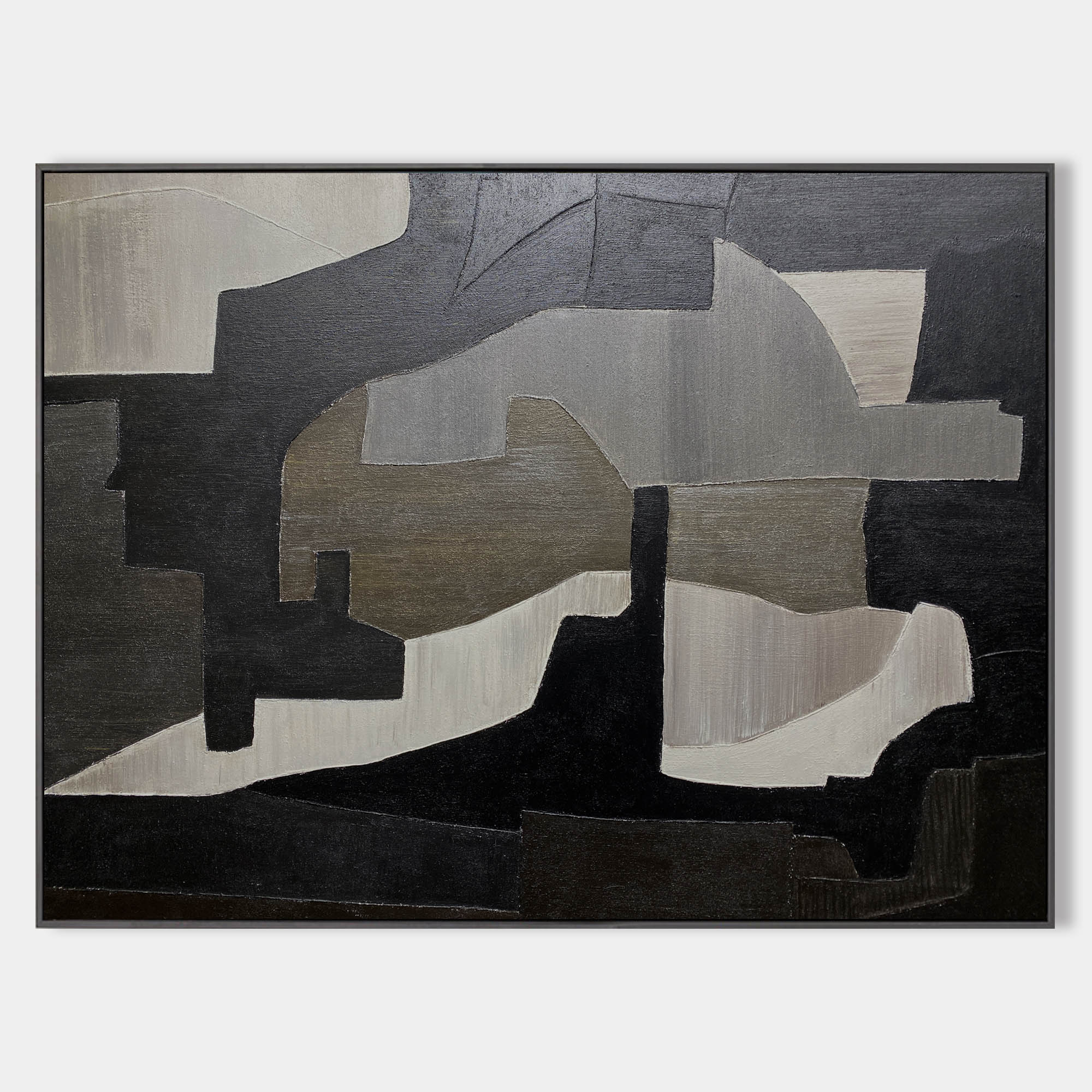 Original hand painted charcoal grey geometric abstract oil painting canvas wall art, nordic scandinavian elegant luxury modern home dec
