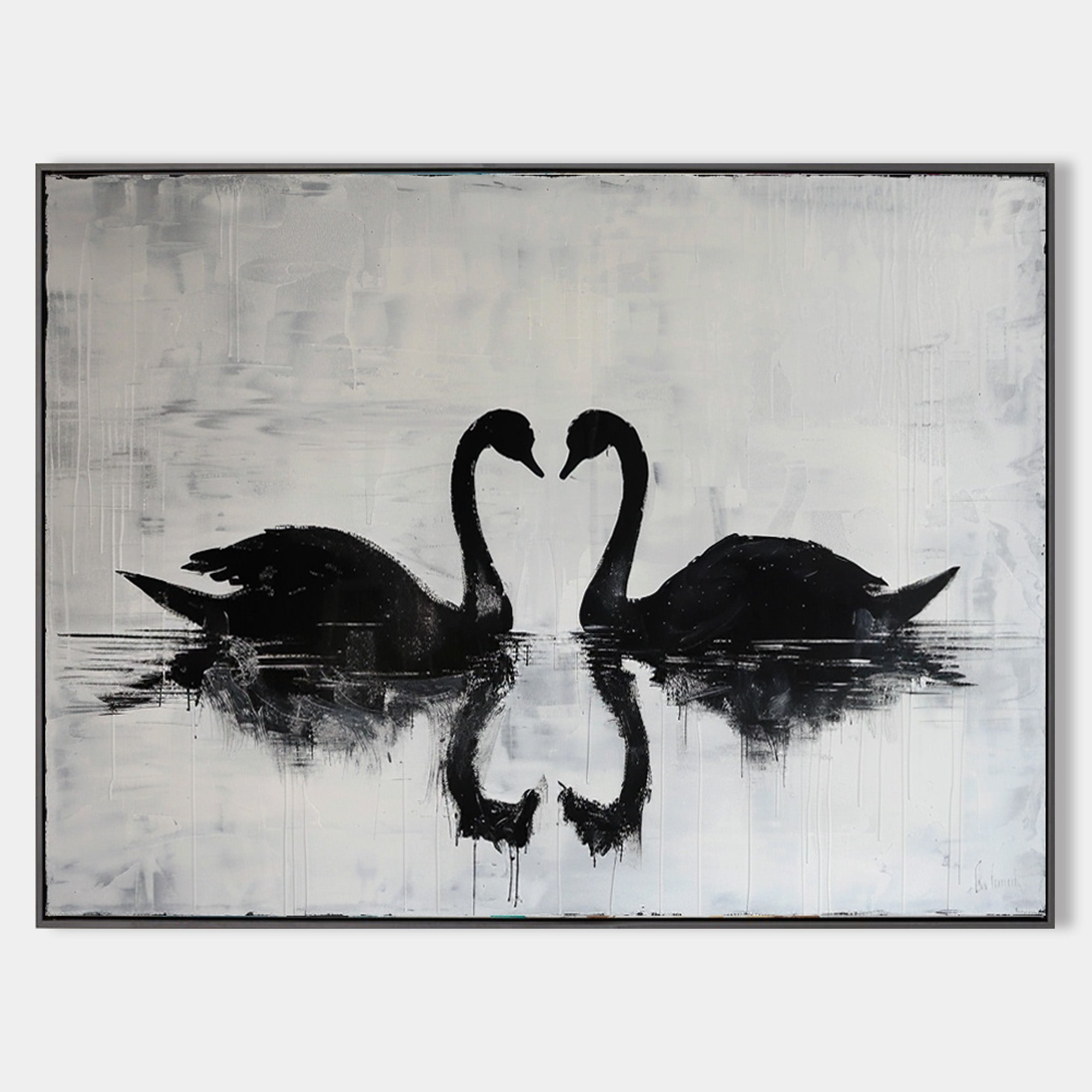 Original hand painted black swan pair monochrome oil painting canvas wall art, nordic scandinavian minimalist elegant luxury modern liv