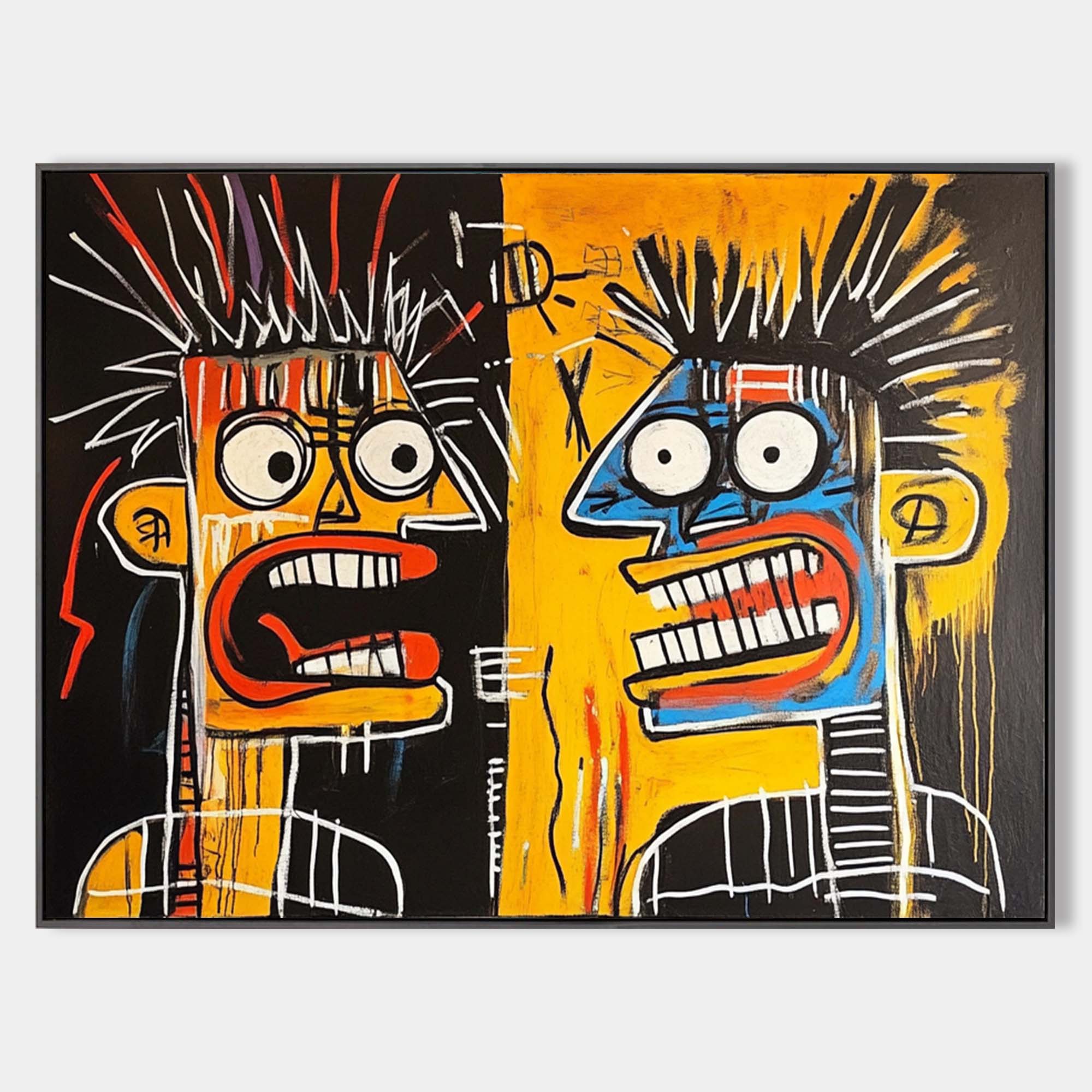 Original hand painted ochre blue abstract expressive faces oil painting canvas wall art, modern luxury bold nordic eclectic interior de