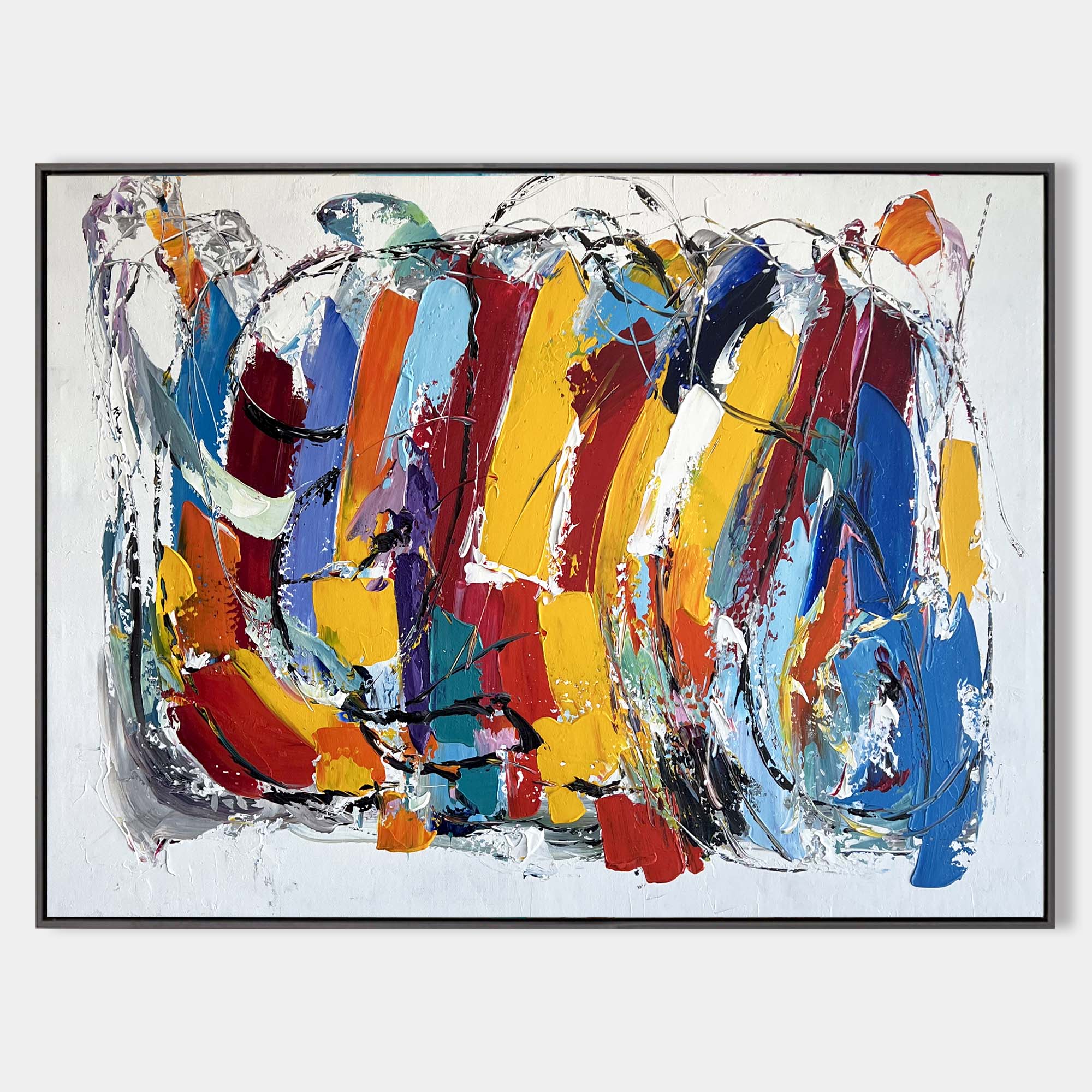Original hand painted abstract oil painting canvas, bold crimson red blue yellow orange brushstrokes, modern luxury elegant wall art ho