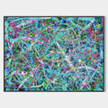 Original hand painted cyan magenta green splatter abstract oil painting canvas wall art, modern elegant luxury bold home decor interior
