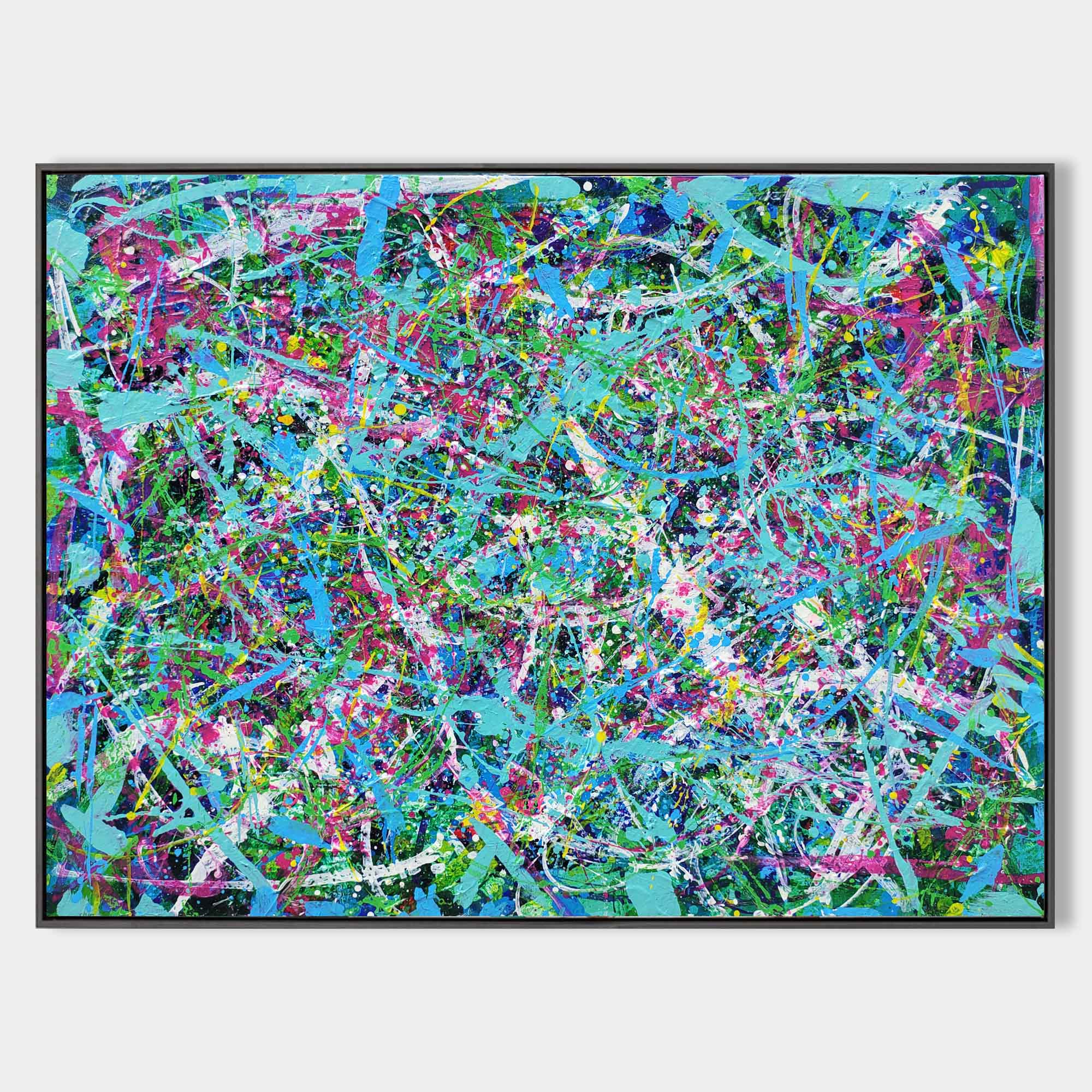 Original hand painted cyan magenta green splatter abstract oil painting canvas wall art, modern elegant luxury bold home decor interior