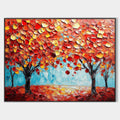 Original hand painted crimson amber autumn trees abstract oil painting canvas wall art, elegant luxury modern nordic scandinavian home