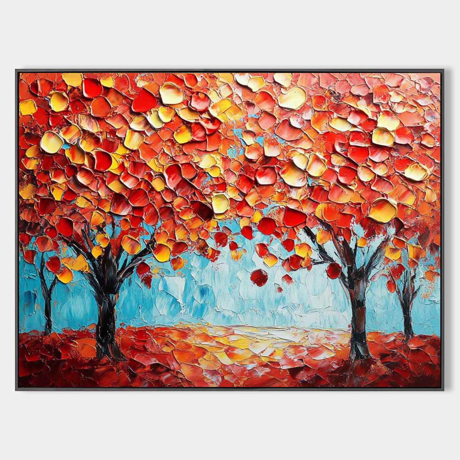 Original hand painted crimson amber autumn trees abstract oil painting canvas wall art, elegant luxury modern nordic scandinavian home