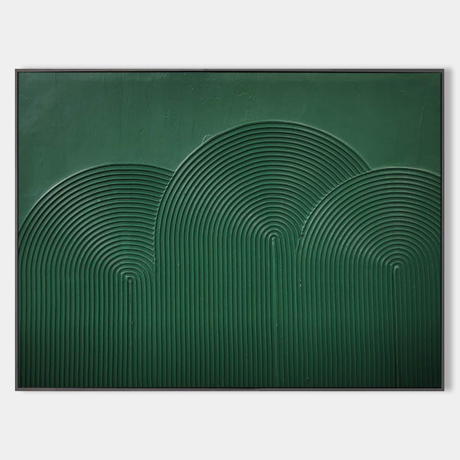 Original hand painted emerald green abstract oil painting canvas, textured concentric arches, minimalist nordic scandinavian elegant lu