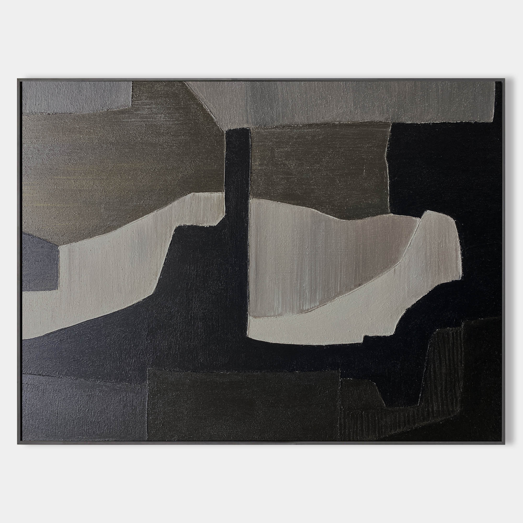 Original hand painted black charcoal grey geometric abstract oil painting canvas wall art, nordic scandinavian minimalist elegant luxur