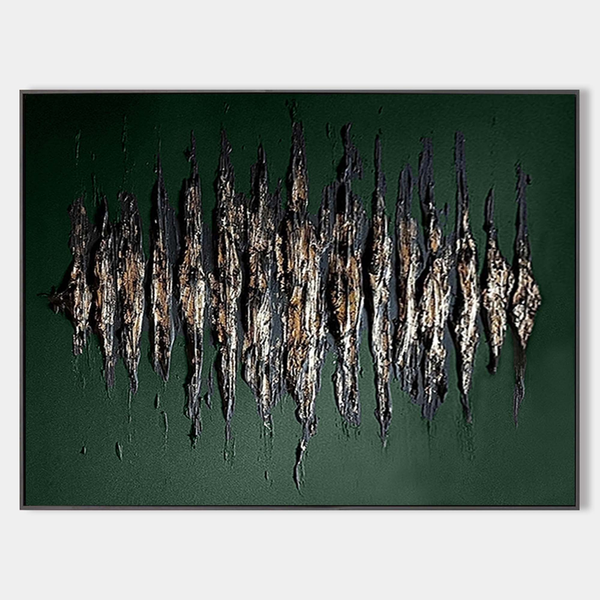 Original hand painted gold black textured abstract oil painting on emerald green canvas, modern luxury elegant scandinavian wall art ho