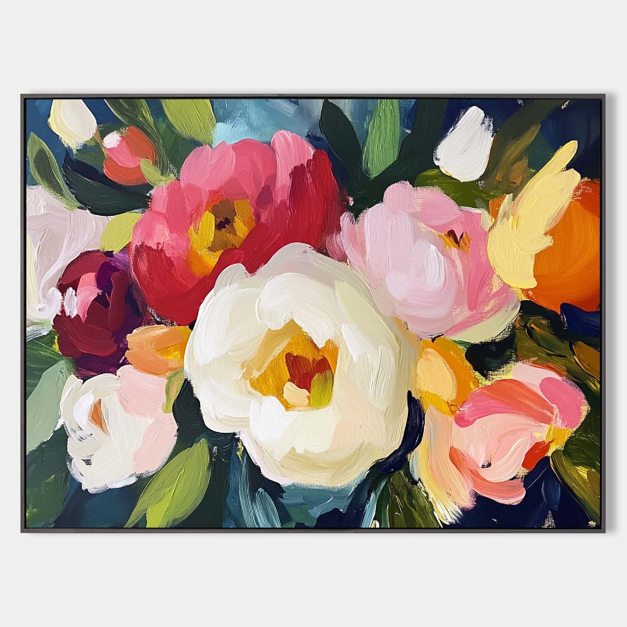 Original hand painted pink white peony floral abstract oil painting canvas wall art, elegant luxury modern eclectic living room home de