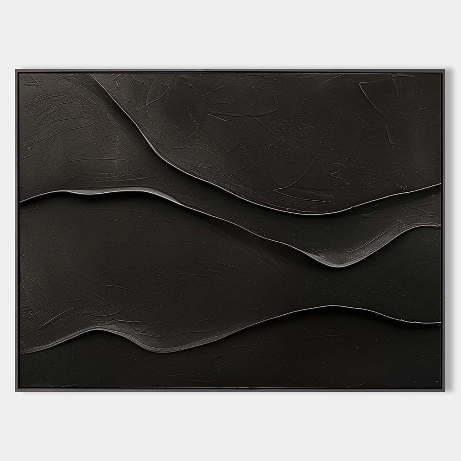 Original hand painted black abstract oil painting canvas, raised sculptural wave textures, minimalist nordic scandinavian elegant luxur