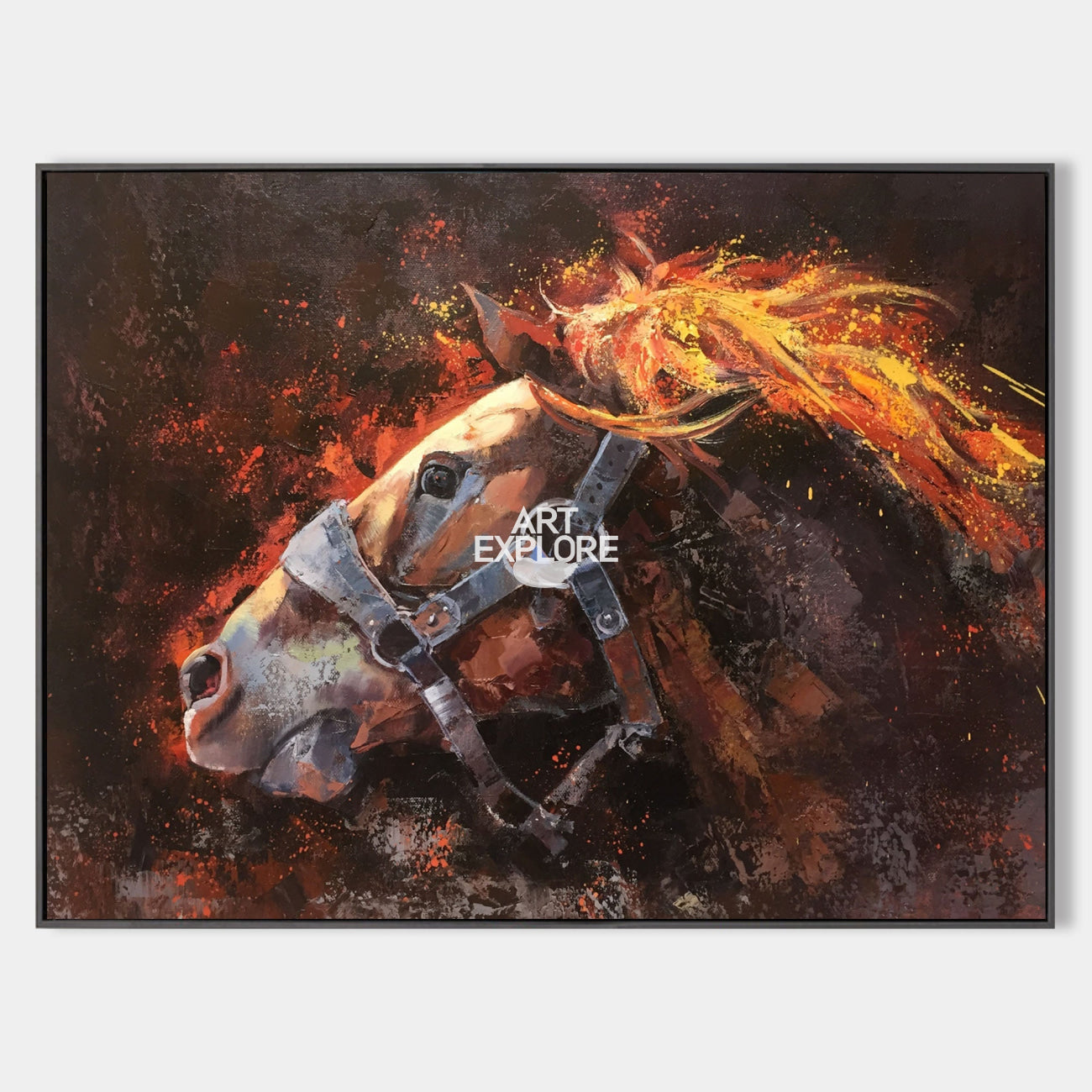 Original hand painted crimson amber abstract horse oil painting canvas wall art, bold luxury modern elegant home decor interior design