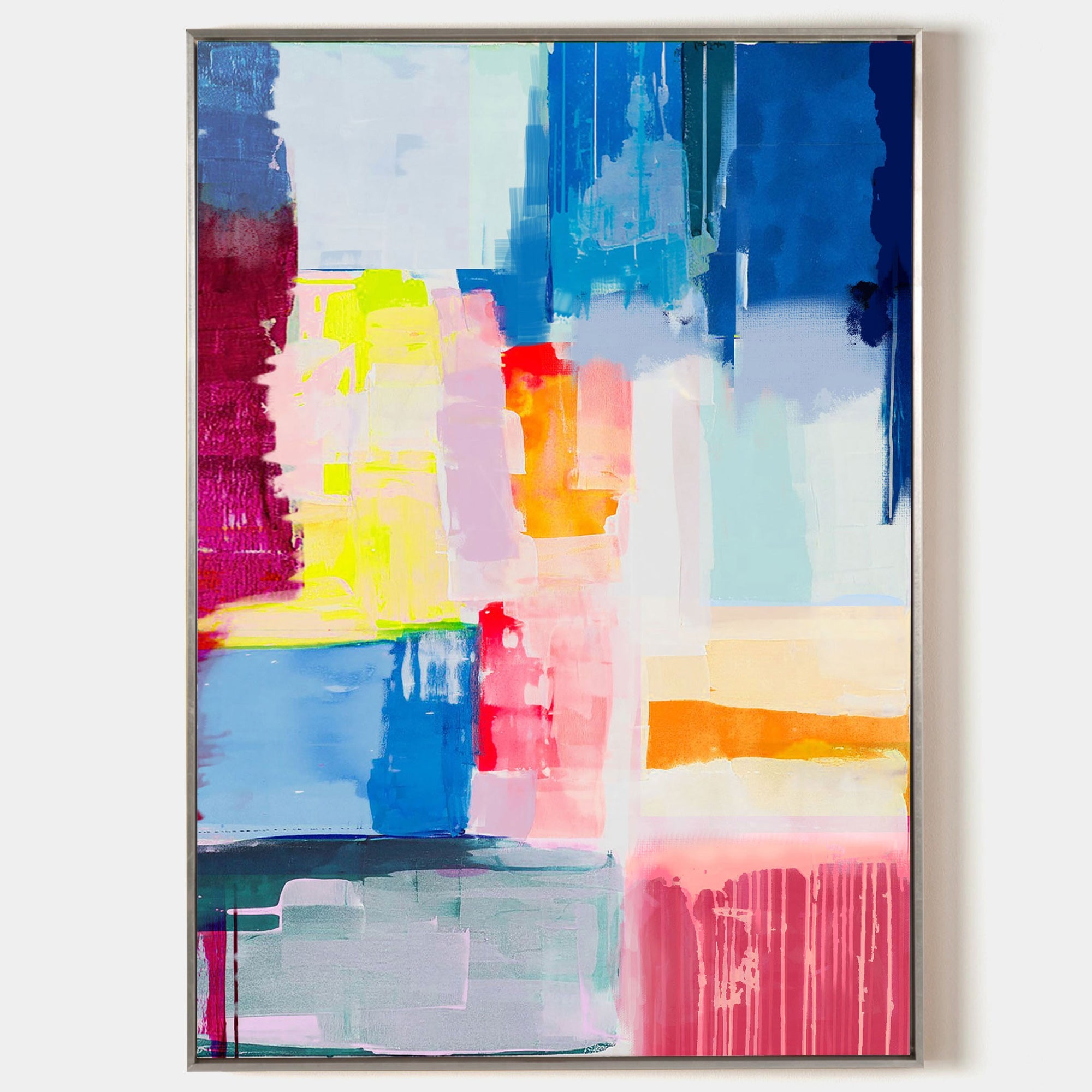 Original hand painted abstract oil painting canvas, cobalt blue blush pink neon yellow bold brushstrokes, modern elegant luxury nordic