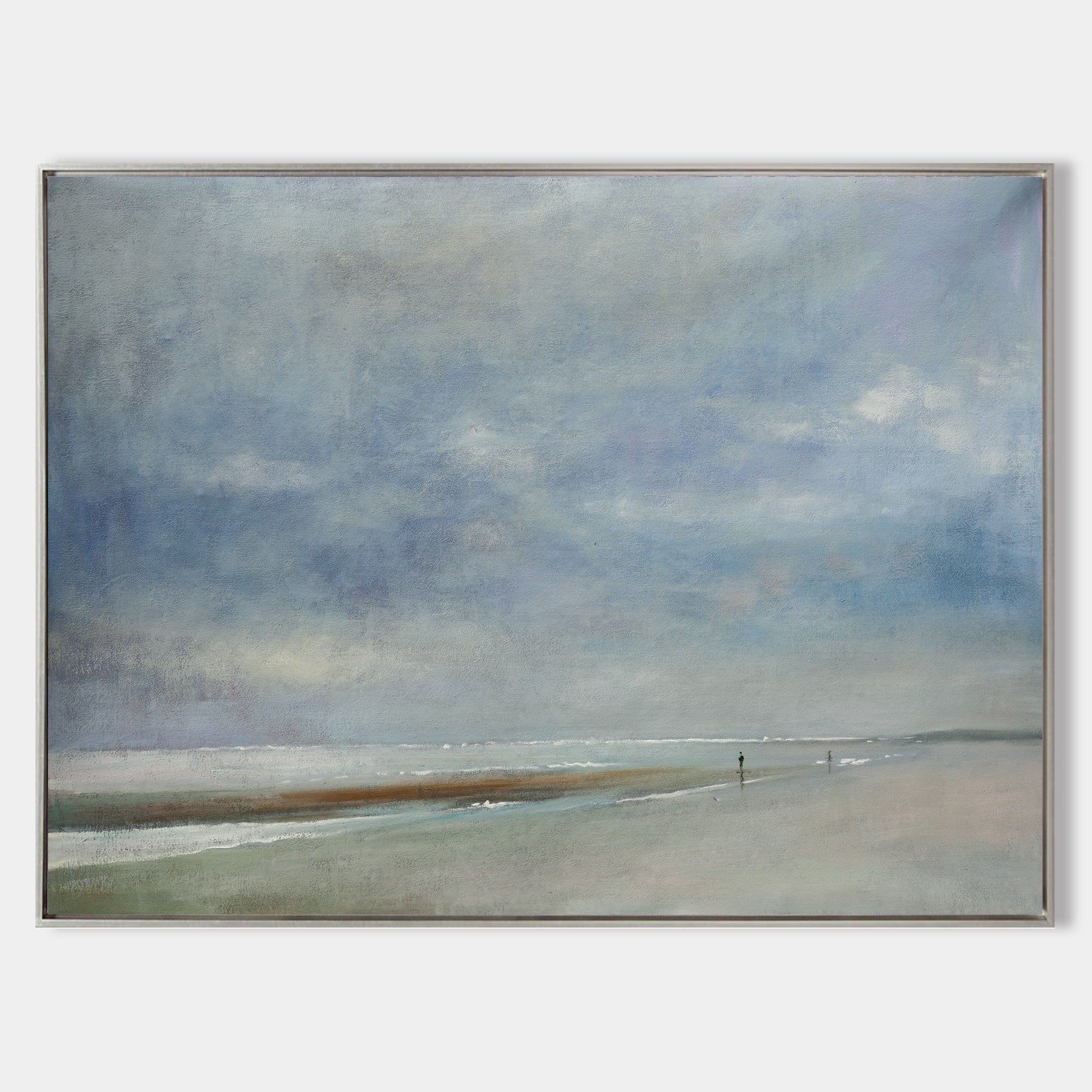 Original hand painted blue grey coastal oil painting canvas wall art, nordic scandinavian minimalist elegant luxury modern living room