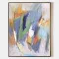 Original hand painted abstract oil painting canvas, bold indigo blue sage green amber coral brushstrokes, elegant modern luxury nordic