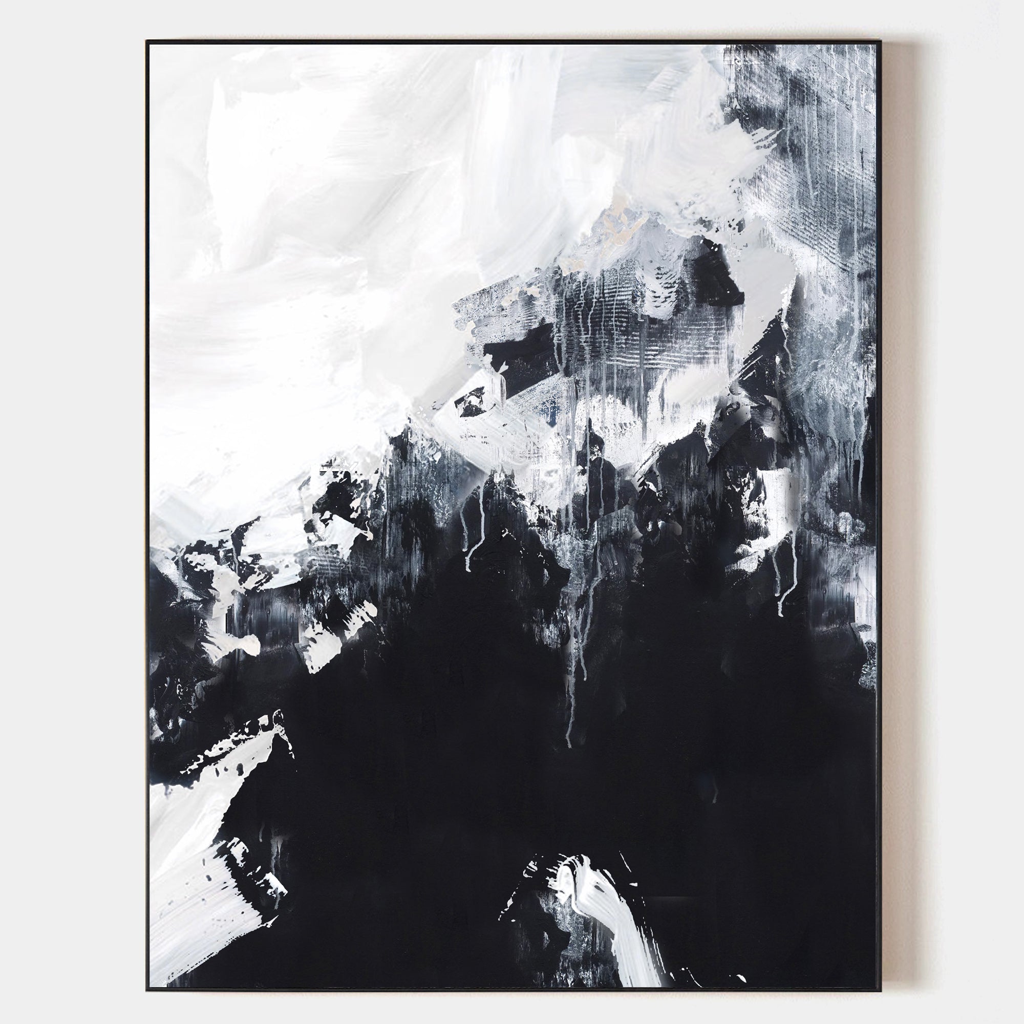 Original hand painted black white abstract oil painting canvas wall art, bold textured brushstrokes, nordic scandinavian elegant luxury