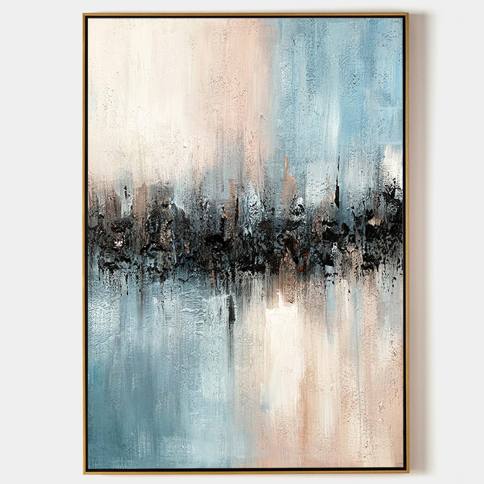 Original hand painted blue blush black textured abstract oil painting canvas wall art, nordic scandinavian elegant luxury modern living