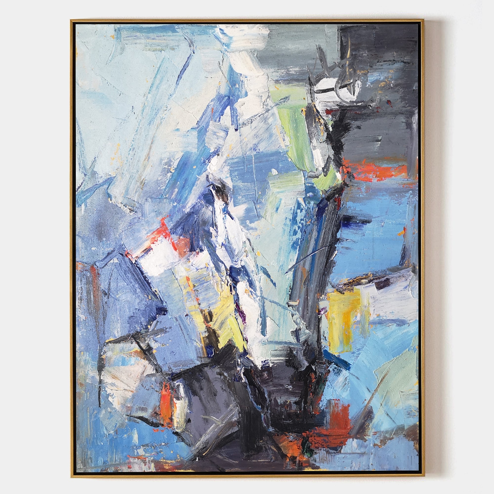 Hand painted original blue white abstract oil painting canvas wall art, dynamic textured strokes, modern nordic scandinavian elegant lu