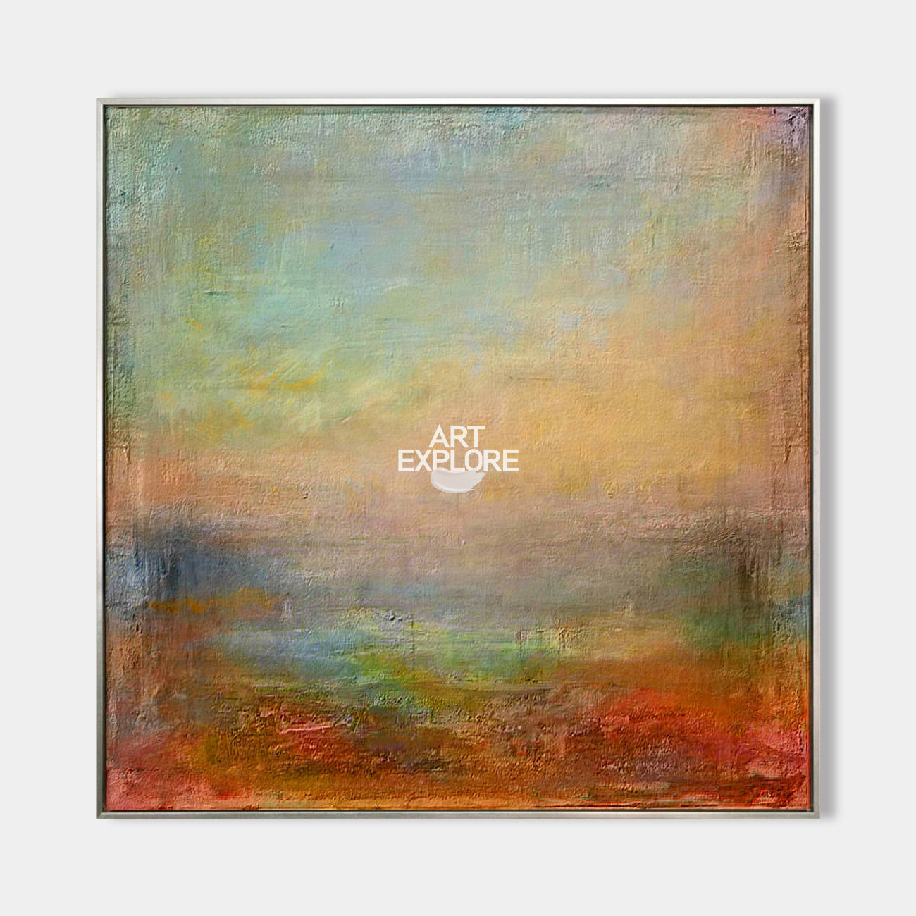 Original hand painted warm sienna teal abstract atmospheric landscape oil painting canvas, nordic scandinavian elegant luxury modern li