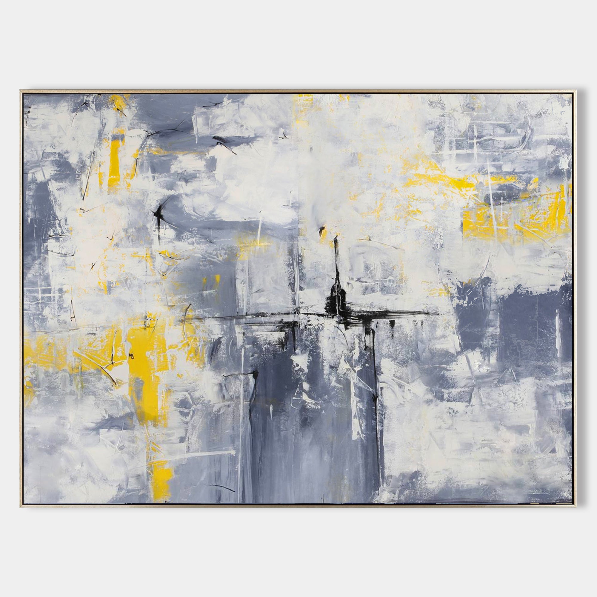 Original hand painted grey yellow abstract oil painting canvas wall art, textured nordic scandinavian elegant luxury modern living room