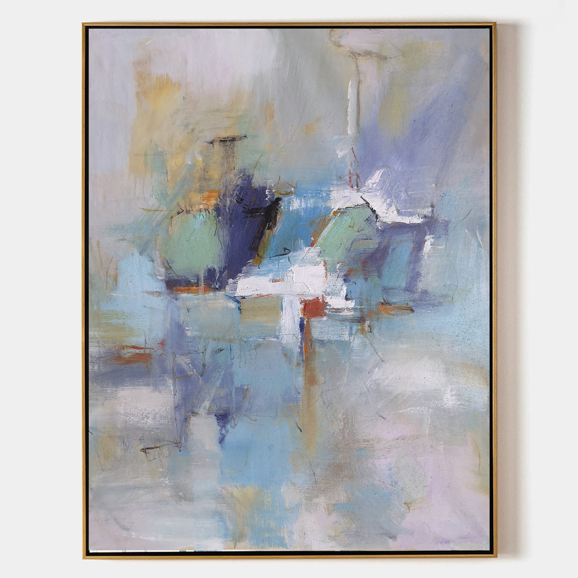Original hand painted blue lavender abstract oil painting canvas wall art, nordic scandinavian minimalist elegant luxury modern living