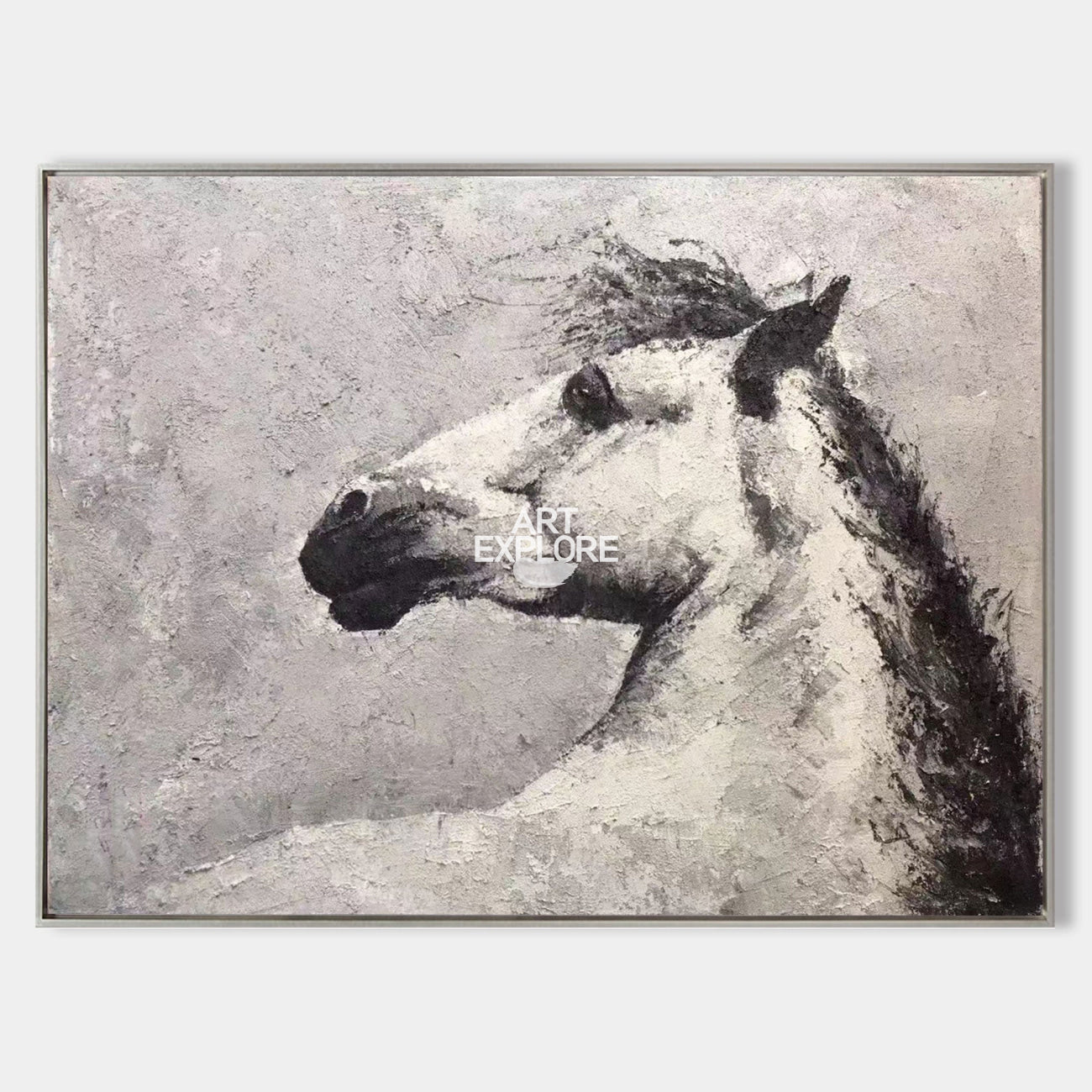 Original hand painted black grey white horse abstract oil painting canvas wall art, nordic scandinavian elegant luxury modern living ro