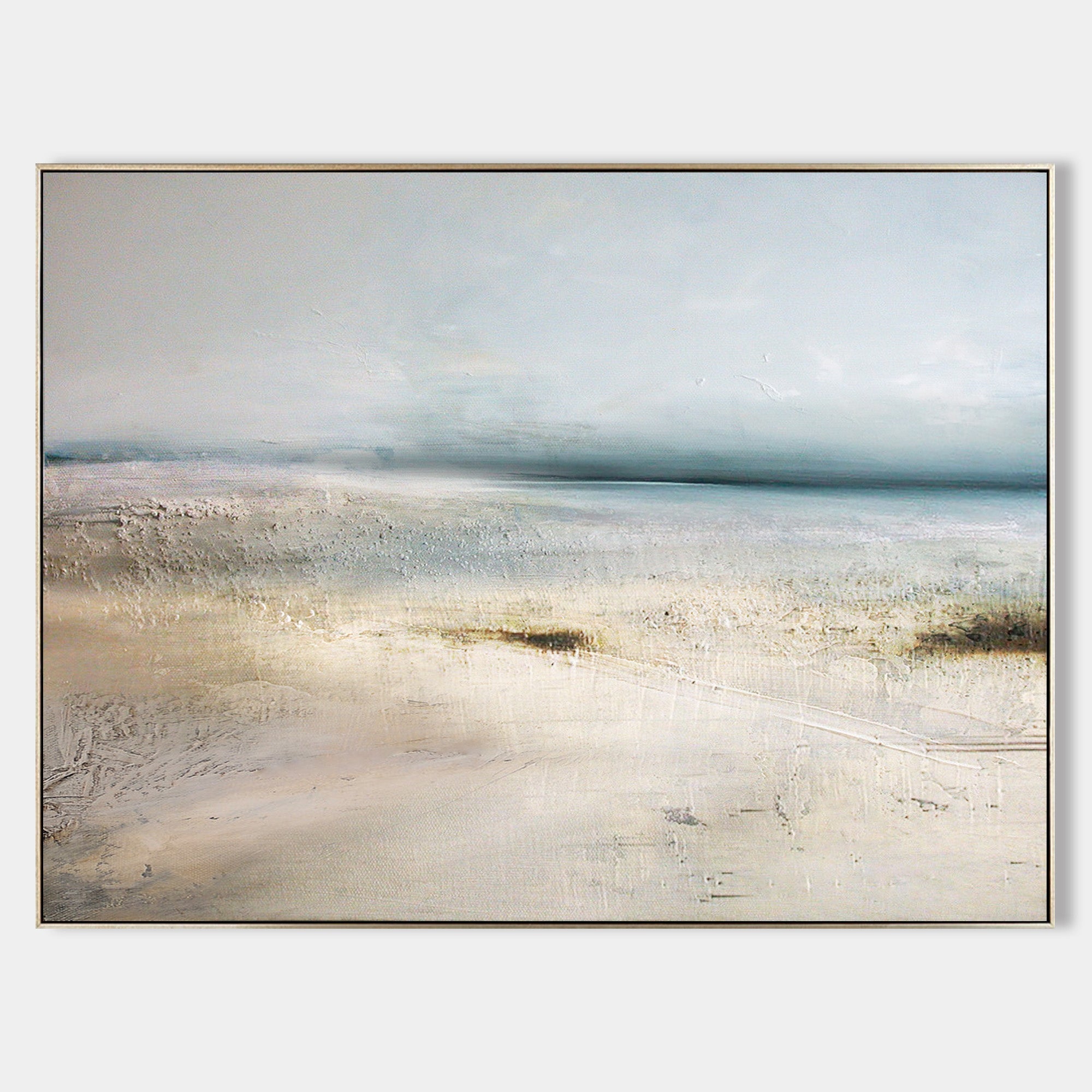 Original hand painted misty coastal abstract oil painting canvas, soft ivory grey blue dunes, nordic scandinavian elegant luxury minima