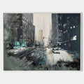 Original hand painted charcoal teal abstract urban cityscape oil painting canvas wall art, modern nordic elegant luxury home decor inte