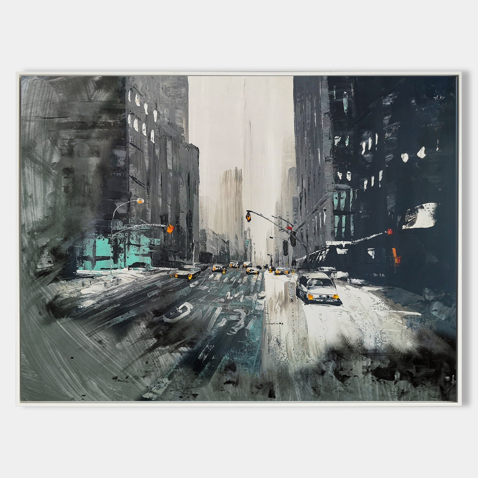 Original hand painted charcoal teal abstract urban cityscape oil painting canvas wall art, modern nordic elegant luxury home decor inte