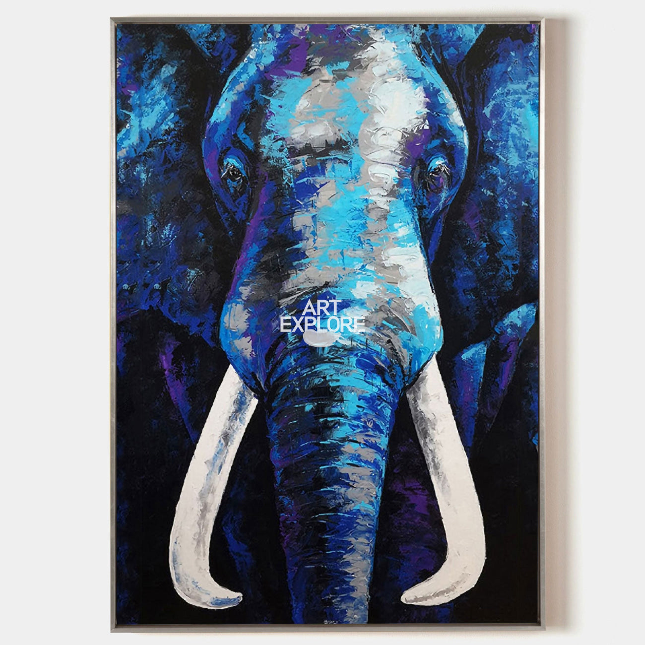 Original hand painted blue elephant abstract oil painting canvas wall art, modern elegant luxury bold dark interior design home decor