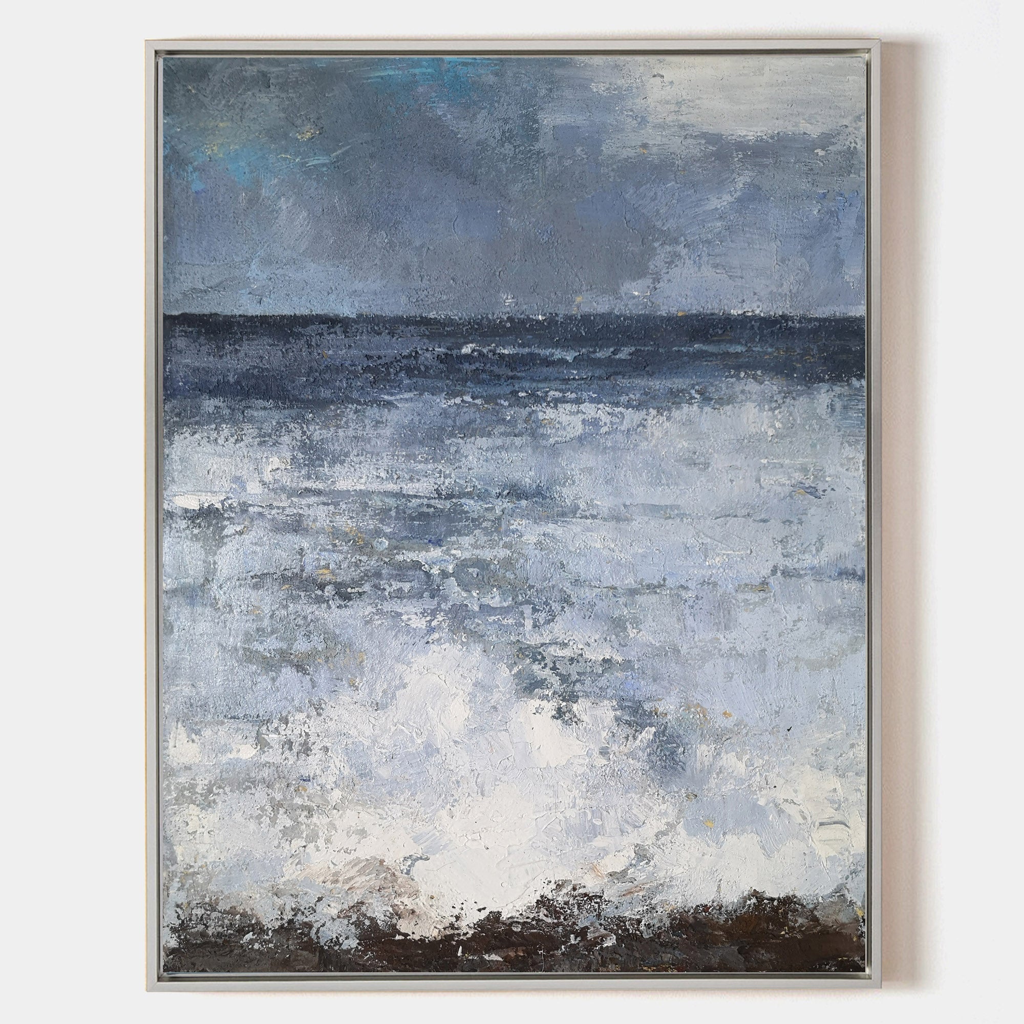 Original hand painted navy blue abstract coastal oil painting canvas wall art, nordic scandinavian elegant luxury modern living room ho