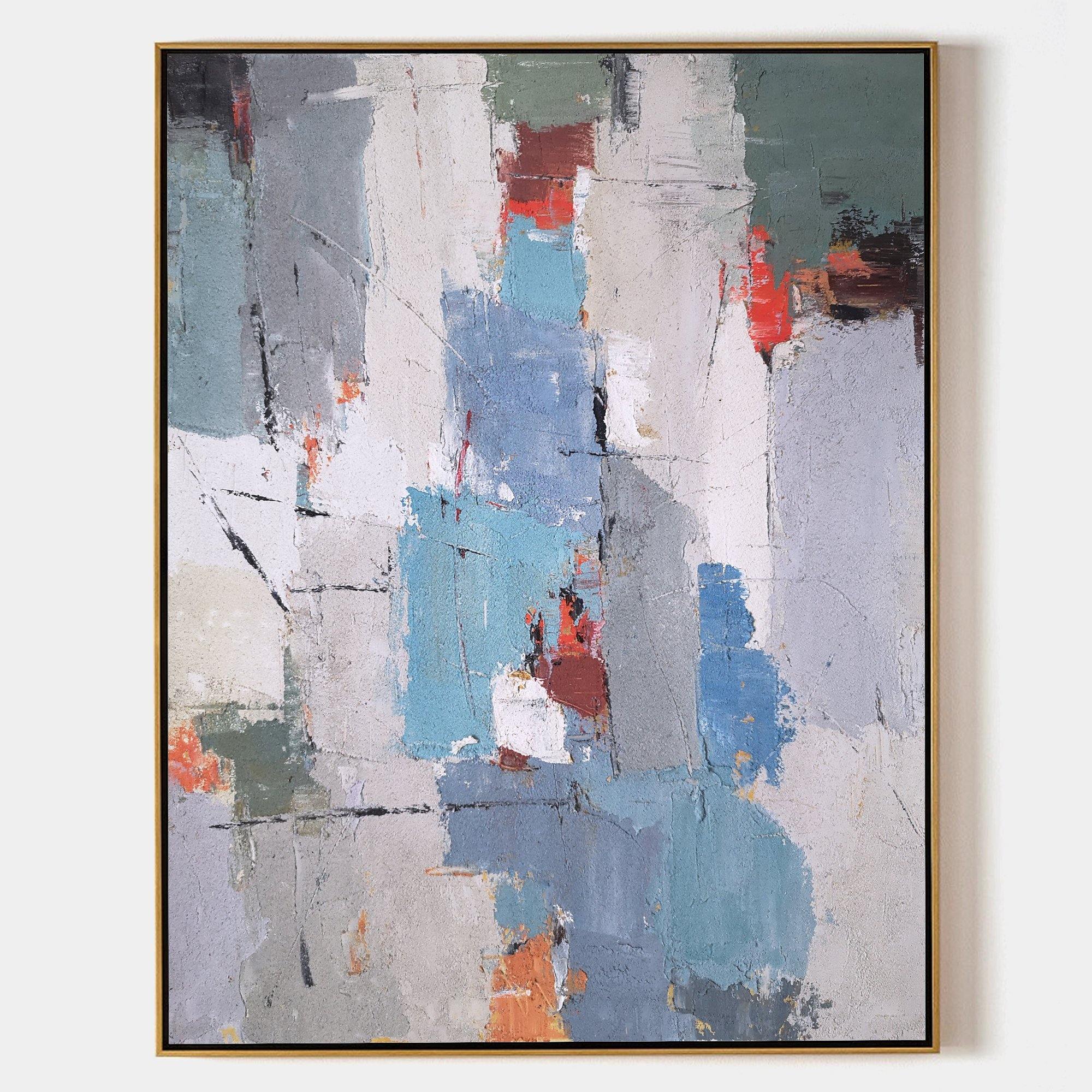 Original hand painted teal blue grey abstract oil painting canvas wall art, nordic scandinavian elegant luxury modern living room inter