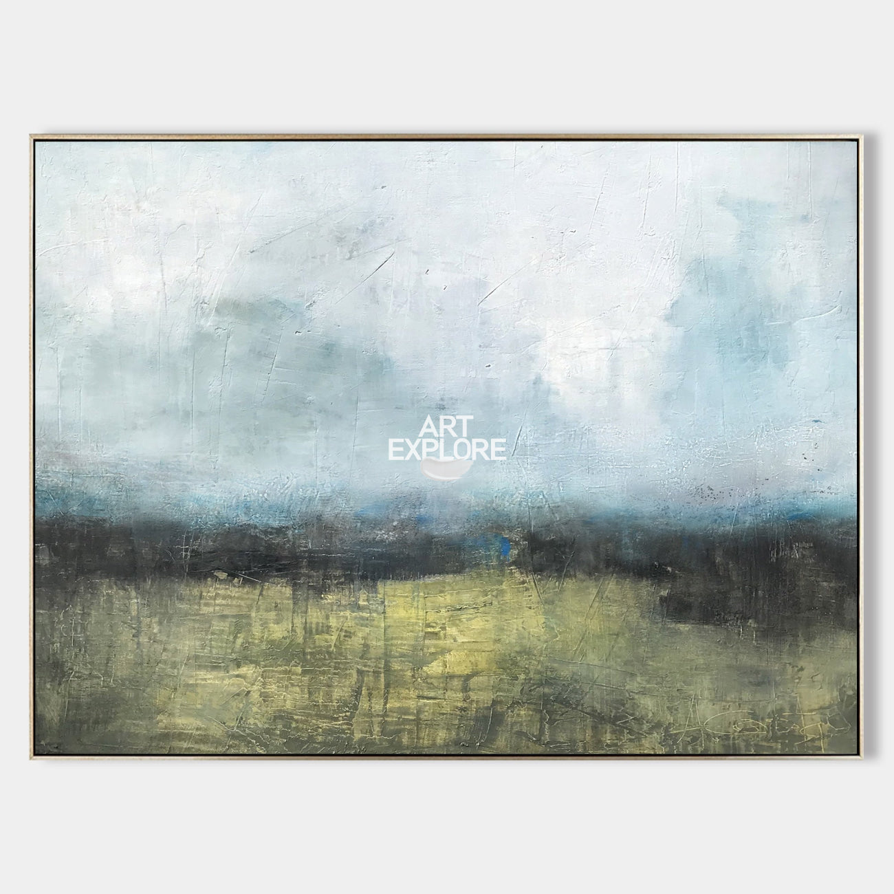 Original hand painted blue grey gold abstract landscape oil painting canvas wall art, nordic scandinavian minimalist elegant luxury mod